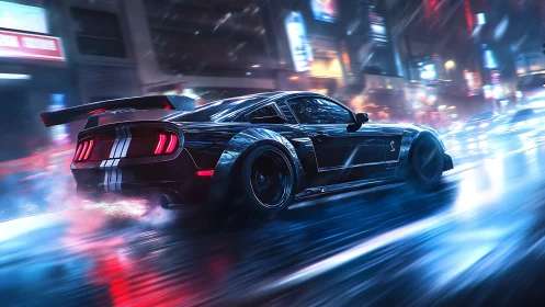 Night city street racer carving light through the rain.