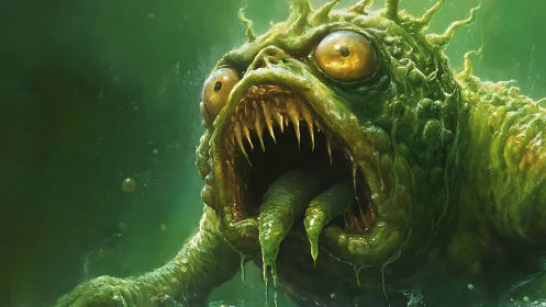 Swampy sea monster roaring from a glowing green abyss.