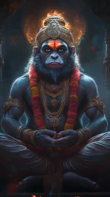 Divine simian deity in meditative pose with radiant halo.