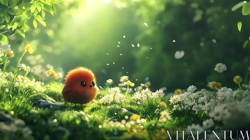 Volumetric backlit meadow with fluffy orange creature observing pollen