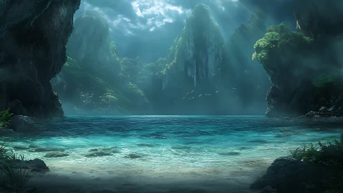 Verdant Gorge: Ethereal Seascape Beneath Towering Stone Cliffs.