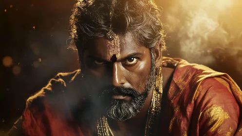 Bearded man in traditional attire under warm dramatic light.