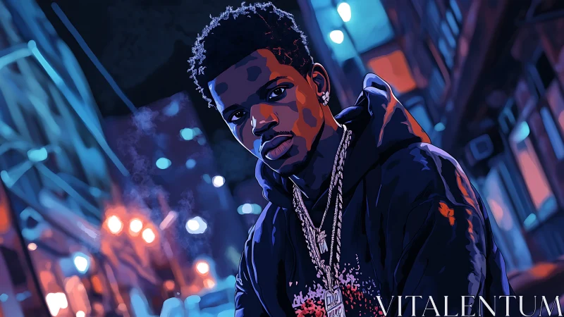 Man in stylized neon city street portrait at night gazes forward