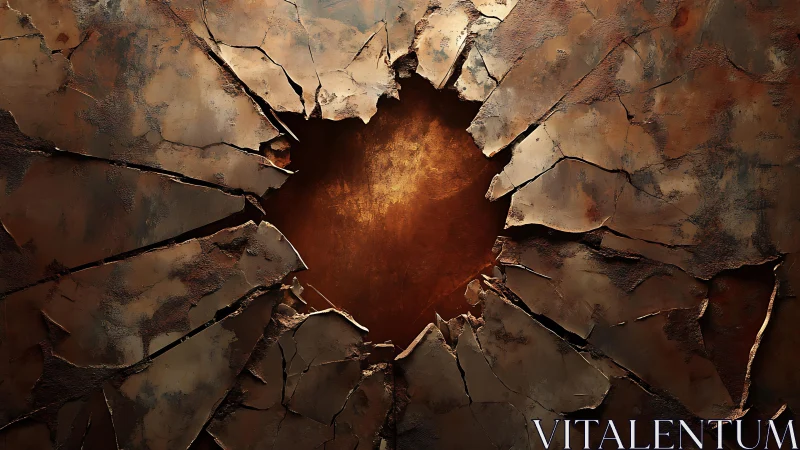 Cracked Rusty Metal Wall with Central Hole, Grunge Texture Art.