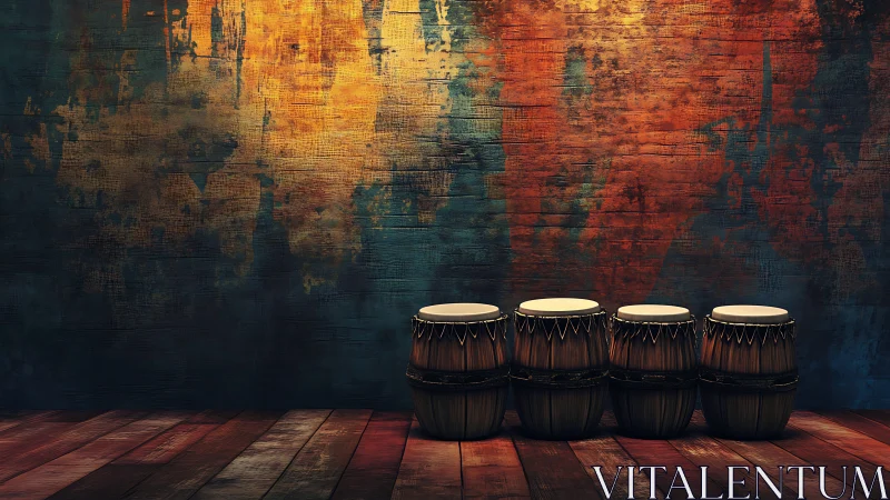 Wooden conga drums align before a textured, color‑washed wall