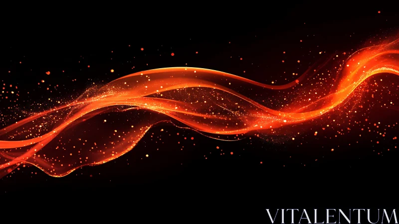 Glowing Abstract Orange Wave with Sparkling Particles on Black.