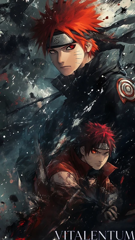 Dual red-eyed ninja portraits in dynamic ink-splatter vortex