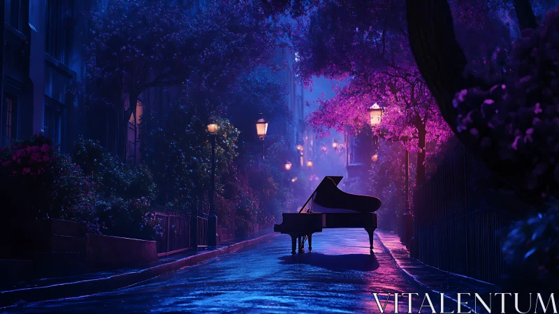 Grand piano stands on wet nighttime street under lamplight