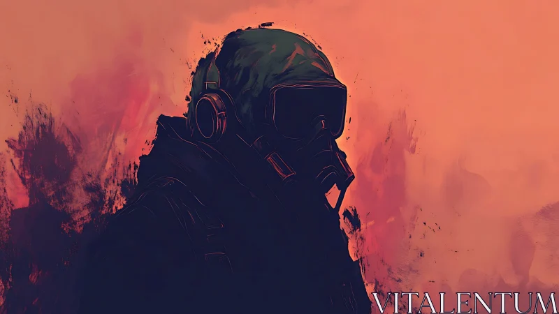 Gas-masked drifter adrift in molten dusk haze.