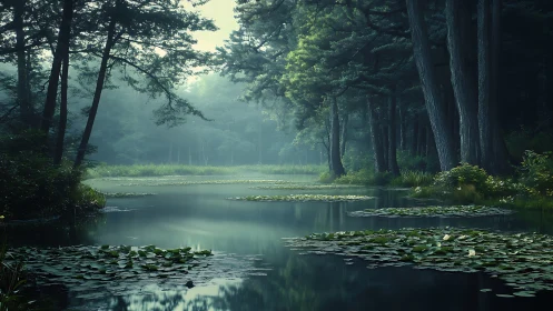 Forest canal with tall trees and water lily coverage