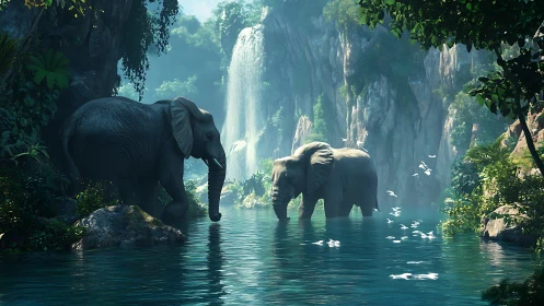 Elephants standing in clear jungle pool below tall waterfall.