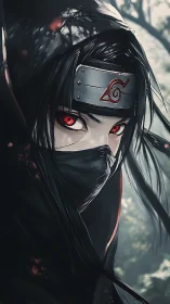 Anime ninja portrait with Sharingan gaze in moody chiaroscuro.