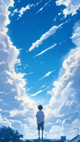 Backlit adolescent observer beneath stratocumulus corridor.