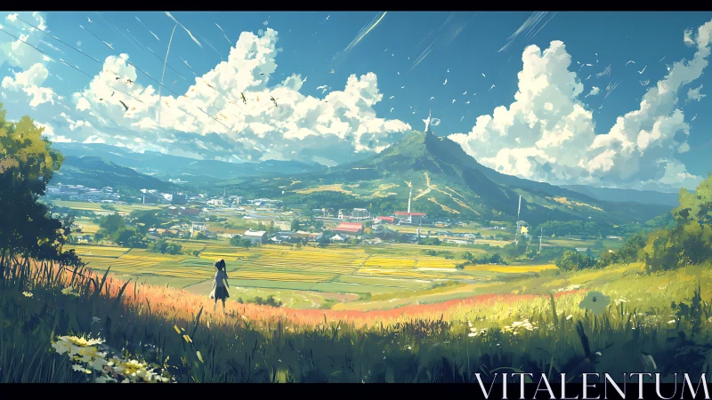 Panoramic agrarian valley under stratocumulus skyscape.