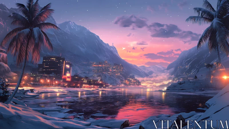 Snowbound tropical bay under neon twilight skies.