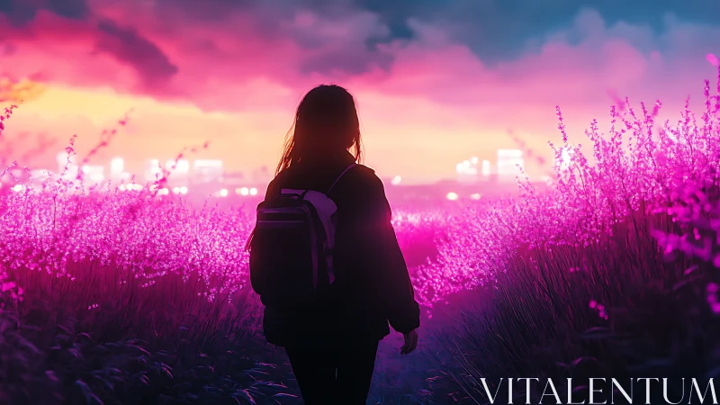 Backlit silhouette crosses neon meadow at synthetic dusk