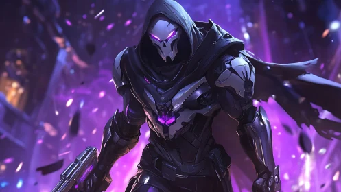 Neon reaper strides through violet shrapnel of the night.