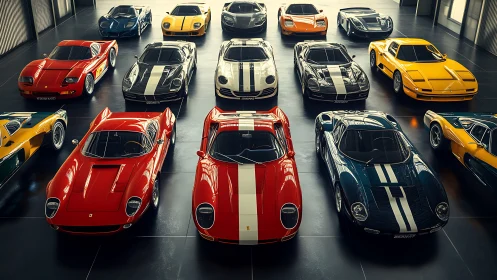 Sports cars lined in rows on glossy indoor showroom floor
