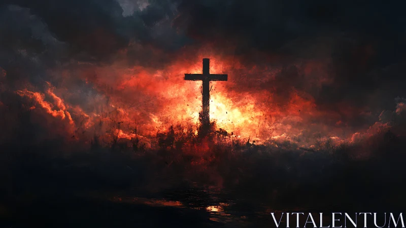 Silhouette of cross against dense red and black sky at dusk.