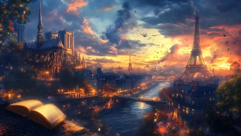 Enchanted Parisian skyline with glowing book at sunset.
