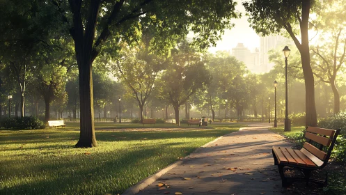 Sunlit city park path with empty wooden benches at dawn.