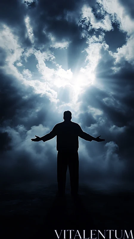 Silhouetted standing figure faces backlit cloud opening in sky