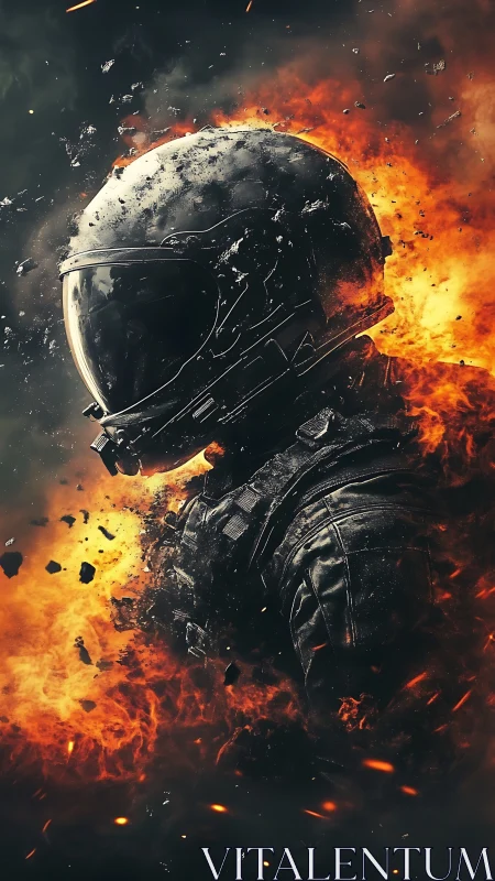 Armored astronaut dissolves in cinematic inferno burst.
