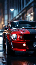Low-angle view of wet red muscle car under urban night rain