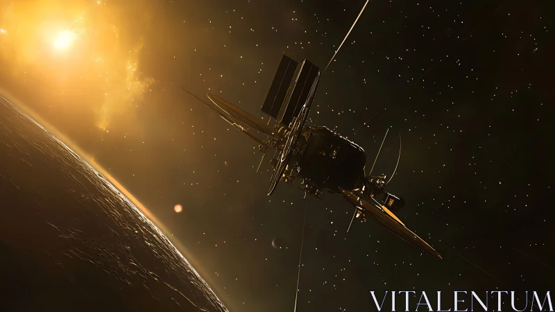 Deep space probe orbiting planet near bright distant sun.