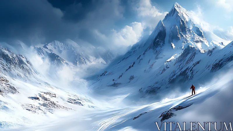 Solitary skier on expansive snow slope below high peaks.