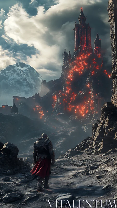 Warrior approaches lava fortress in bleak volcanic land.