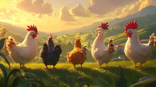 Pastoral Roosters in Golden Hour Alpine Valley. Rendering.