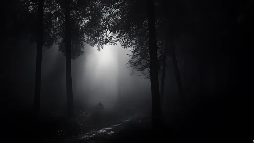 Low key volumetric light piercing dense nocturnal forest.