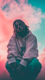 Moody street dreamer under neon cotton candy skies.