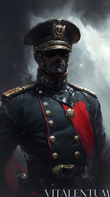 Paramilitary officer portrait in high-contrast digital chiaroscuro.