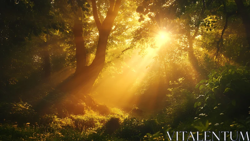 Golden sunrise pierces dense forest canopy in misty light