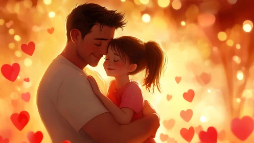 Illustrated Adult and Child Embrace Against Bokeh Background