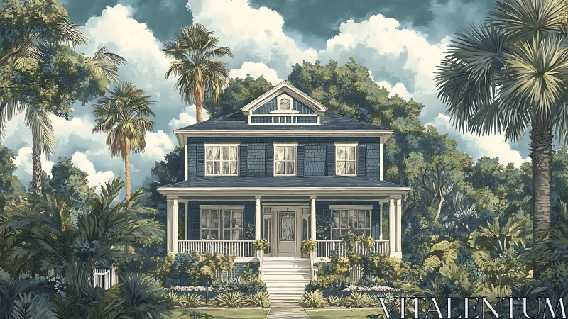 Digital painting of coastal colonial house in lush tropical garden.