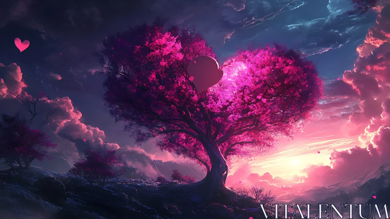 Glowing Heart-Shaped Tree at Sunset.
