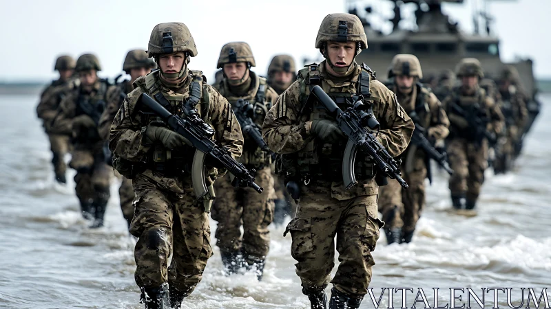 Tidal grit marches shoreward as camouflaged soldiers advance