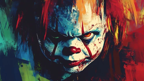 Grinning nightmare clown in feral carnival color storm.