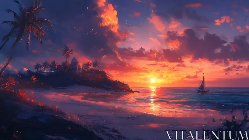 Tropical shoreline sunset with sailboat and high cloud drama
