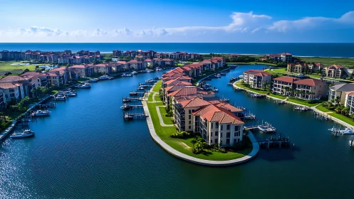 Waterfront residential architecture: curvilinear development with maritime infrastructure.