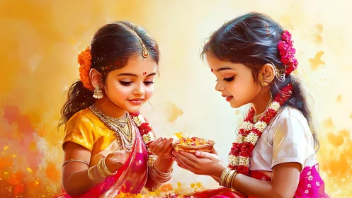 Two Young Girls Exchanging Sweets in Traditional Festive Attire.
