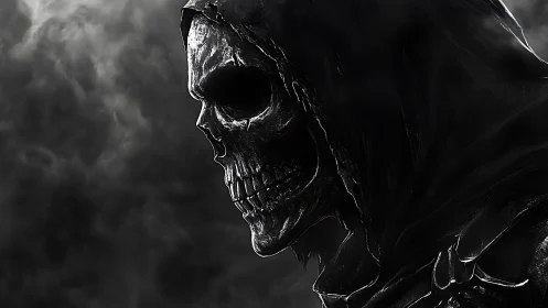 Side-lit skeletal reaper portrait employs high-contrast chiaroscuro
