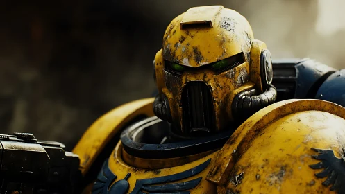 Battle-scarred yellow space warrior in brooding war fog.