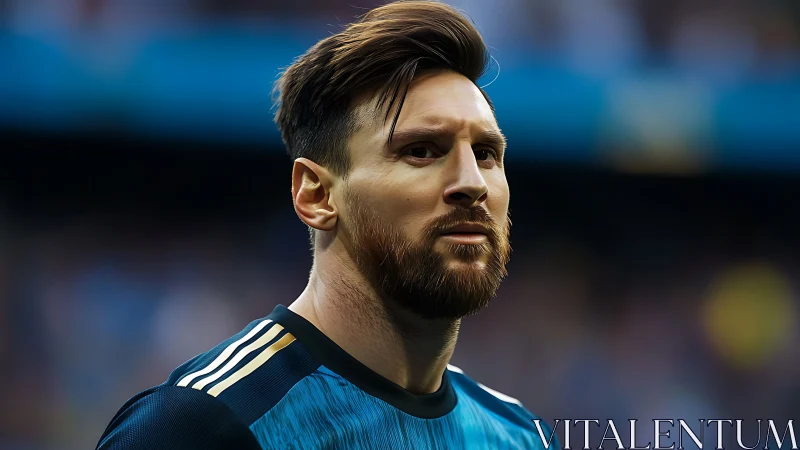 Close-up footballer portrait in teal kit, stadium backdrop