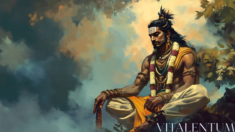 Meditative warrior sage sits in forest light, adorned with garlands