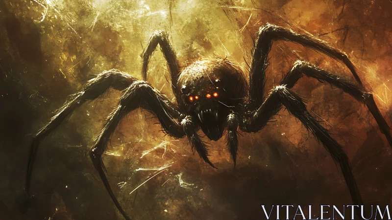 Nightmarish giant spider stalks through burning shadows.