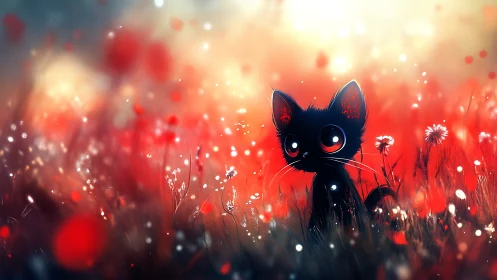 Black cat with glowing eyes stands in red poppy field.
